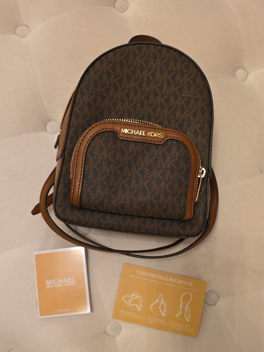 Michael Kors Brown Logo Mini Convertible Backpack with Tan Trim